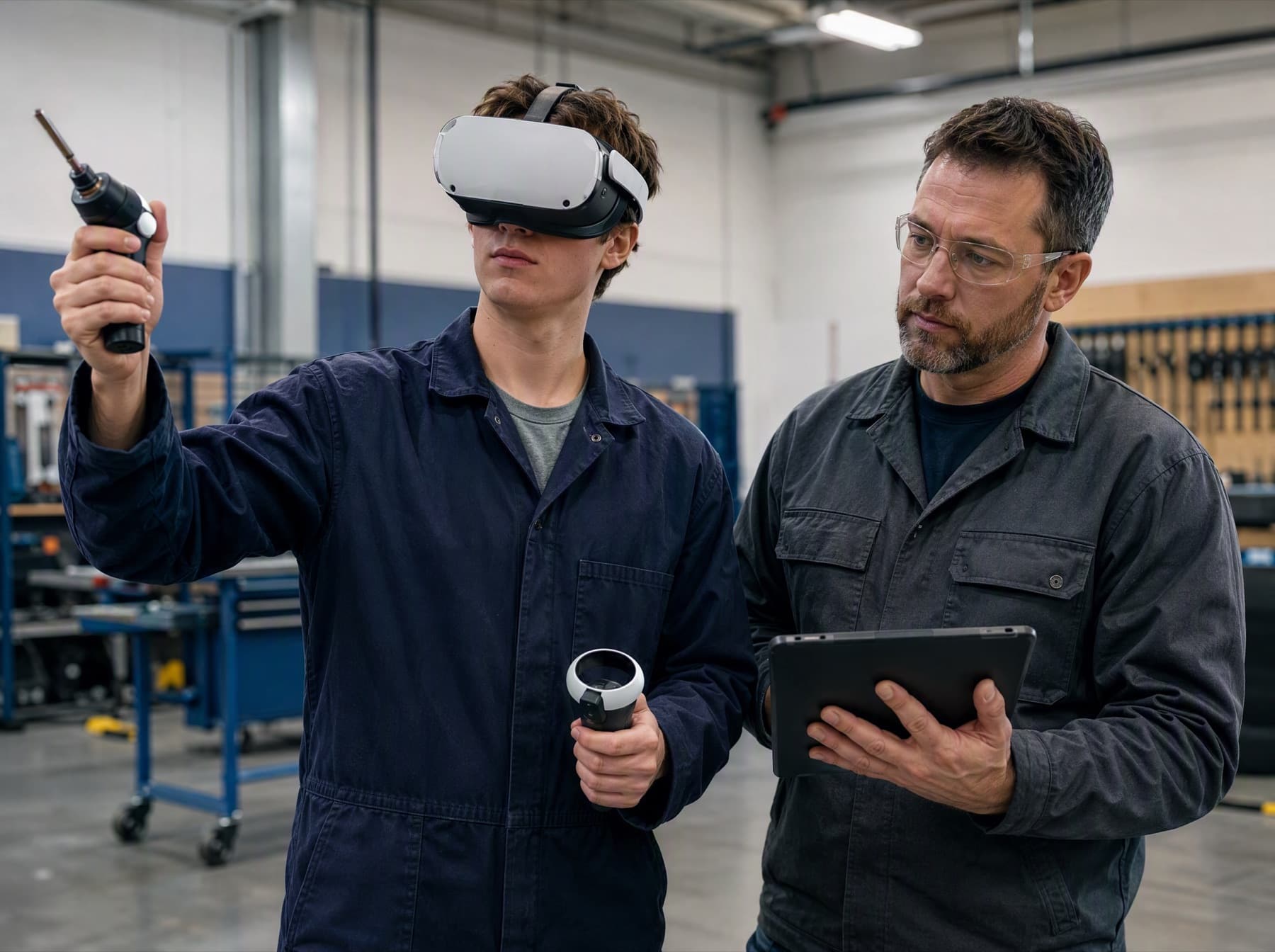 An apprentice in a VR headset running a procedure while an instructor reviews the scored results on a tablet